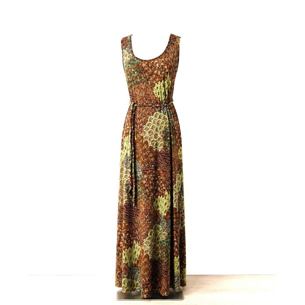 Perception Y2k Maxi Dress With Braided Belt Exotic Feather Print Packable Sz XL